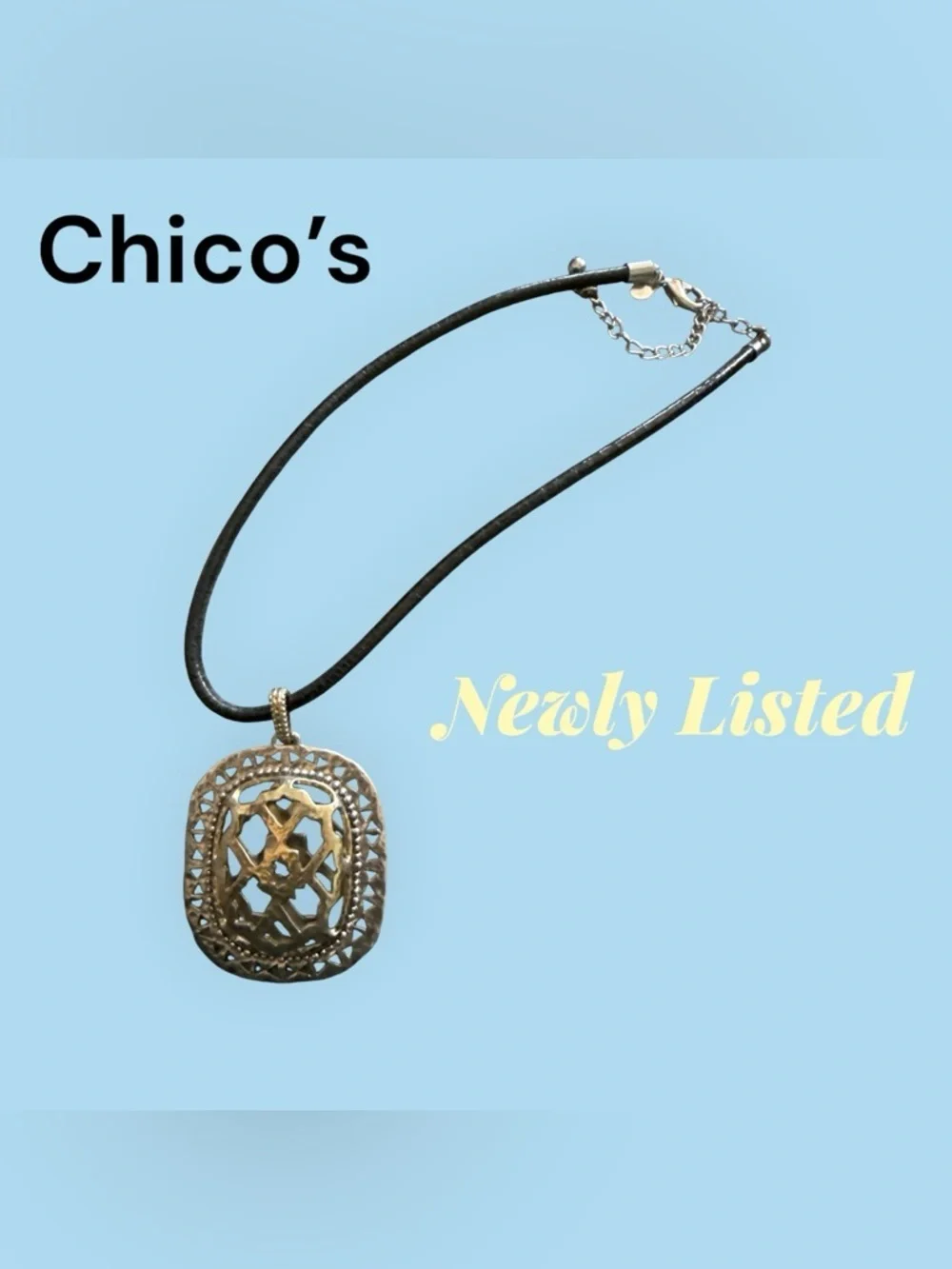 🔥Chico’s Statement Pendant Necklace | Black Leather Cord Silvertone Openwork